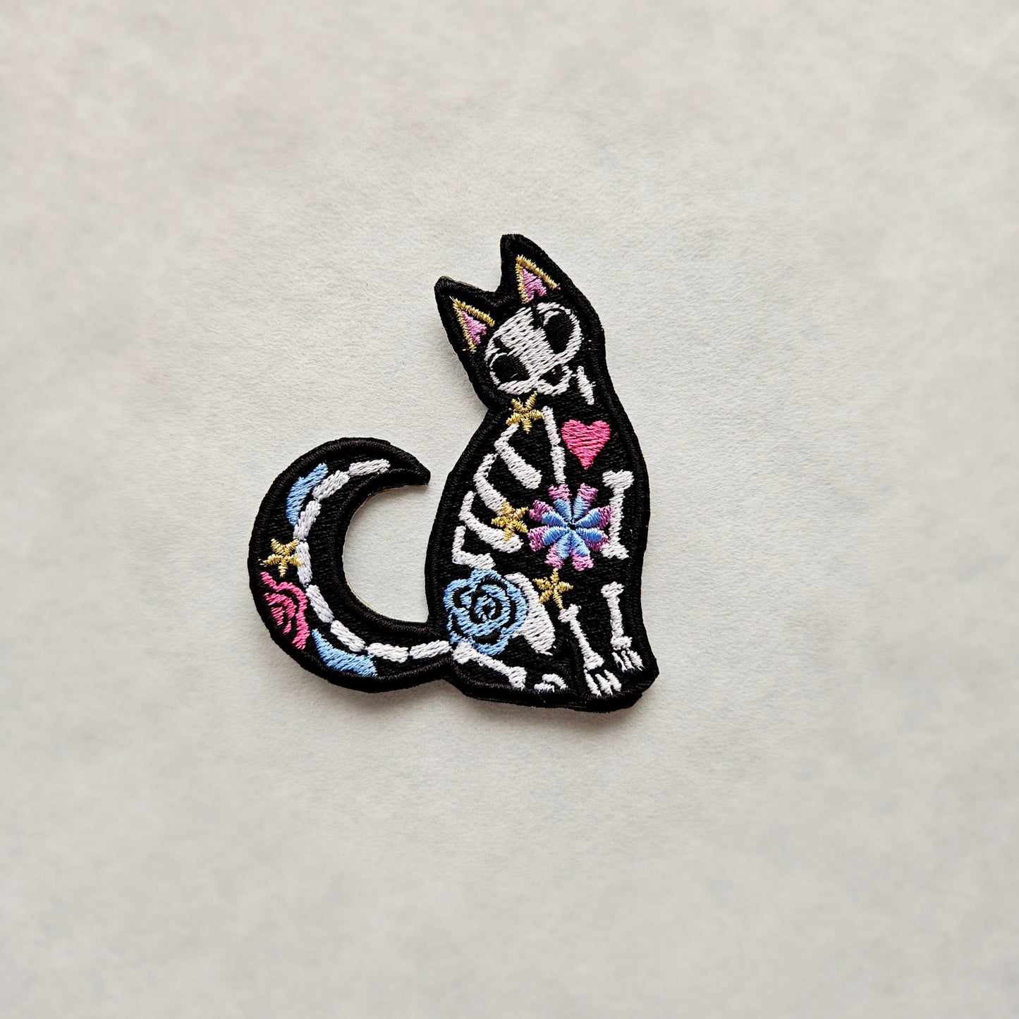 Sugar Skull Cat Skeleton Iron on Embroidered Patch
