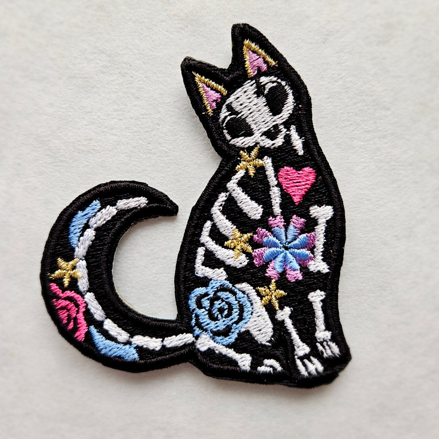 Sugar Skull Cat Skeleton Iron on Embroidered Patch