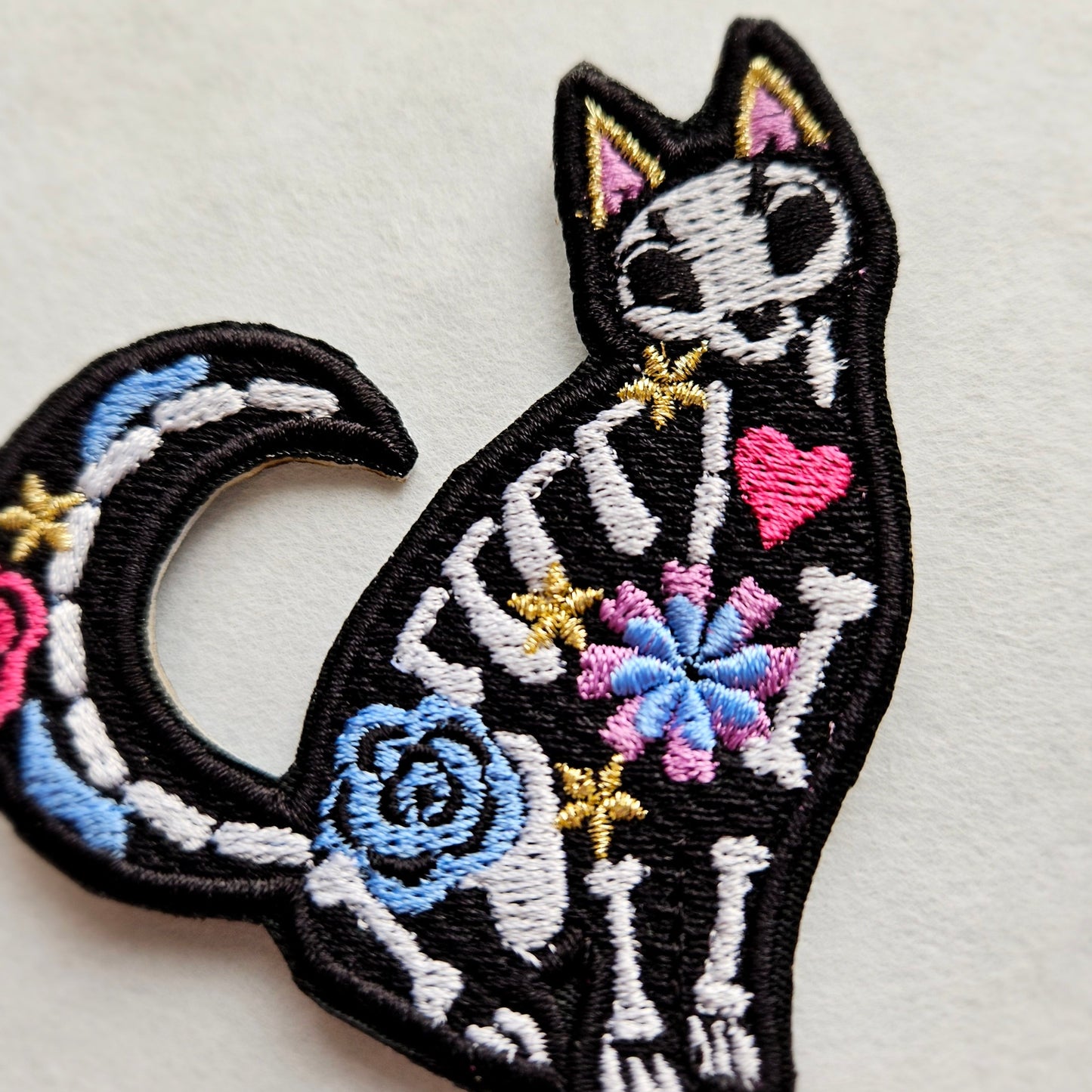 Sugar Skull Cat Skeleton Iron on Embroidered Patch