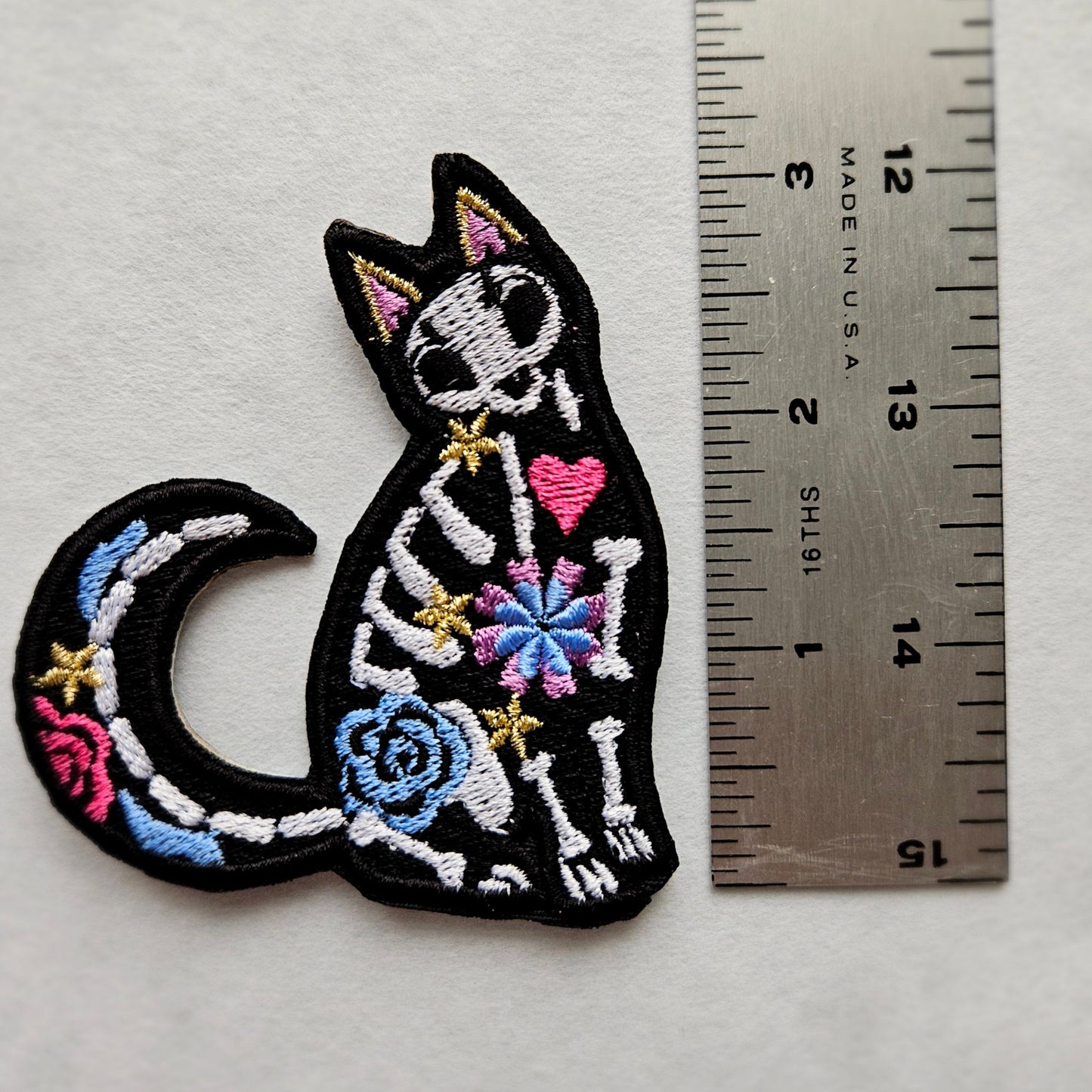 Sugar Skull Cat Skeleton Iron on Embroidered Patch