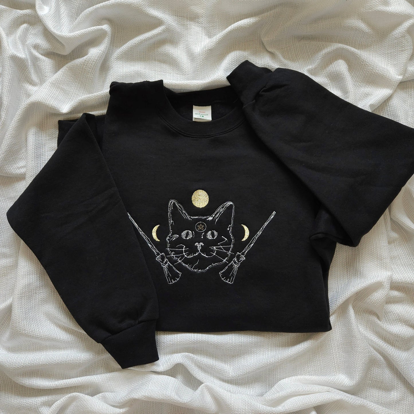 Black Cat Embroidered Crewneck Sweater