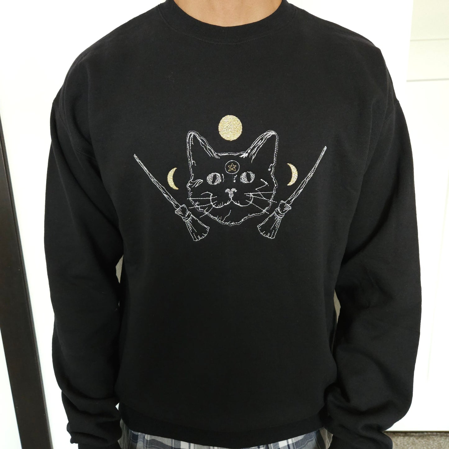 Black Cat Embroidered Crewneck Sweater